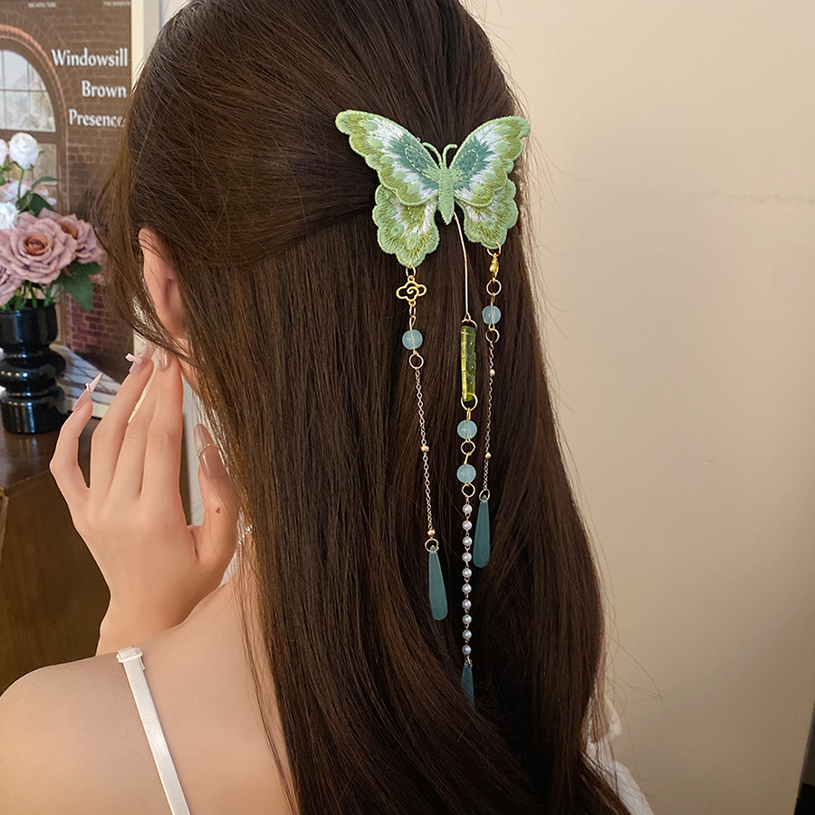 Hanbok Hair Pin - Green Embroidered Butterfly Hair Clips Women