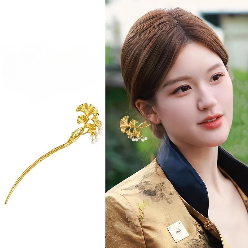 1PC Elegant Golden Ginkgo Leaf - Hanbok Hair Pin 评论和价格