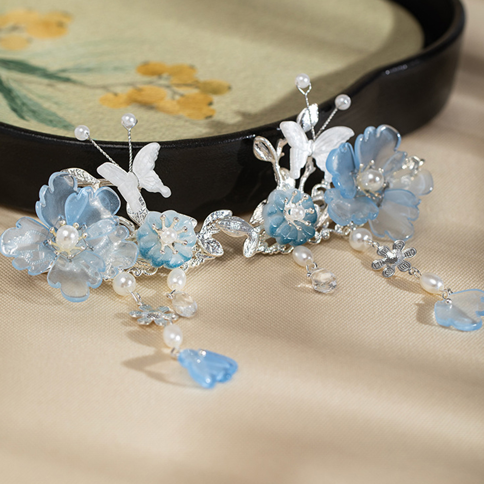 2pcs Romantic Blue Peony Hair  - Hanbok Hair Pin 评论和价格